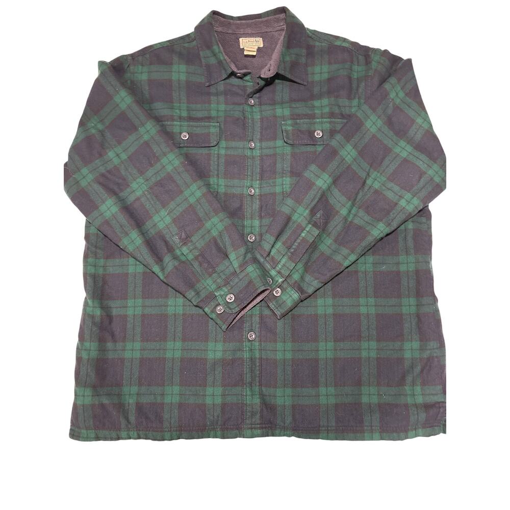 LL Bean Men's XL Fleece Lined Flannel Blue Green shacket shirt jacket
